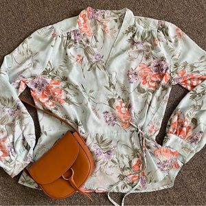 Nanette Lepore Blue Floral Wrap Top Sz Large Pretty for Spring!